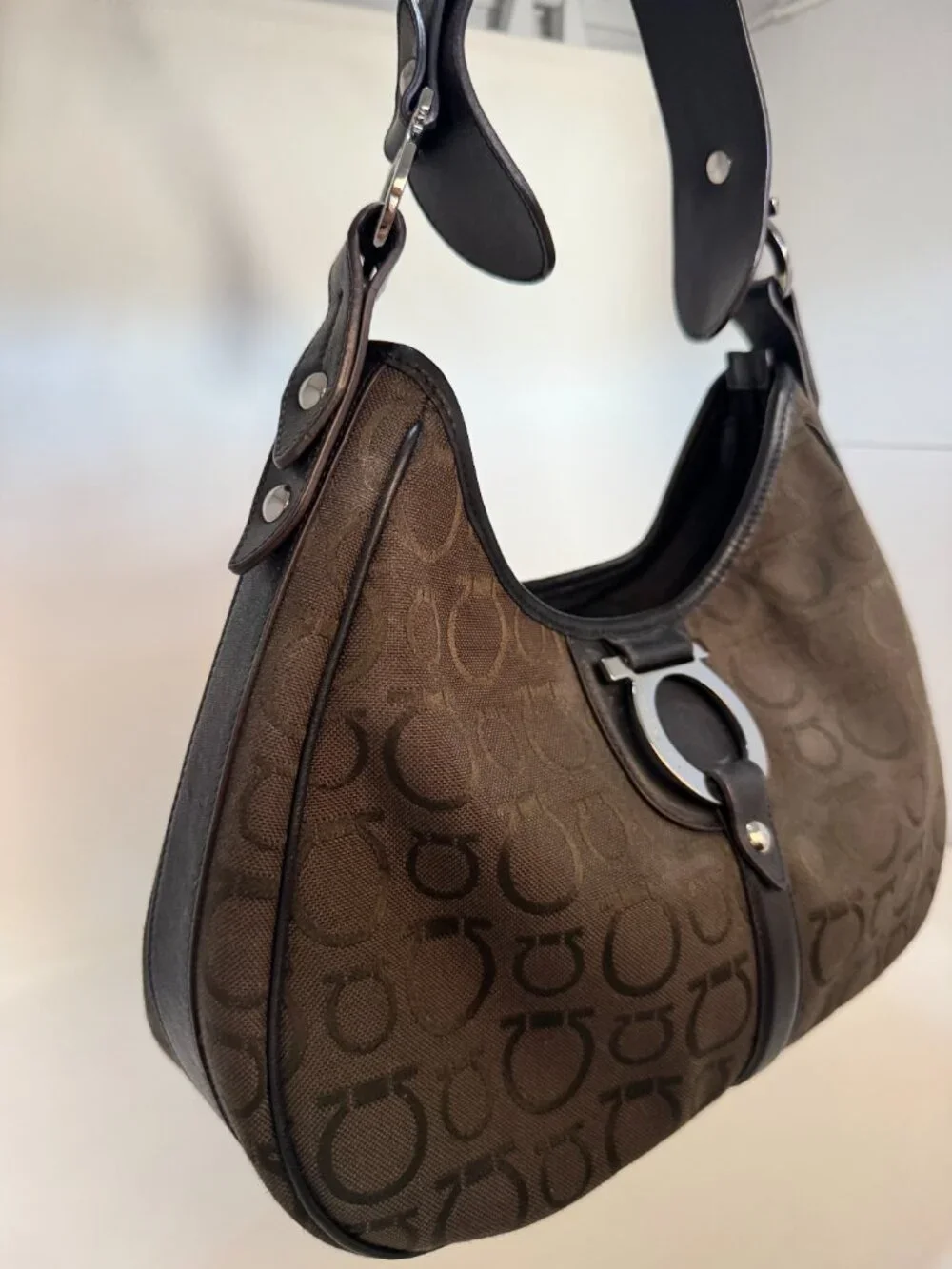 Salvatore Ferragamo Gancini Brown Jacquard Shoulder Bag | Made in Italy | Box &